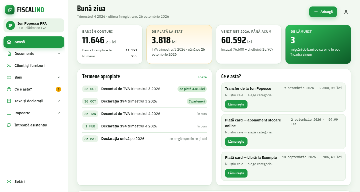Prima pagină din Fiscalino Contabilitate, cu date inventate